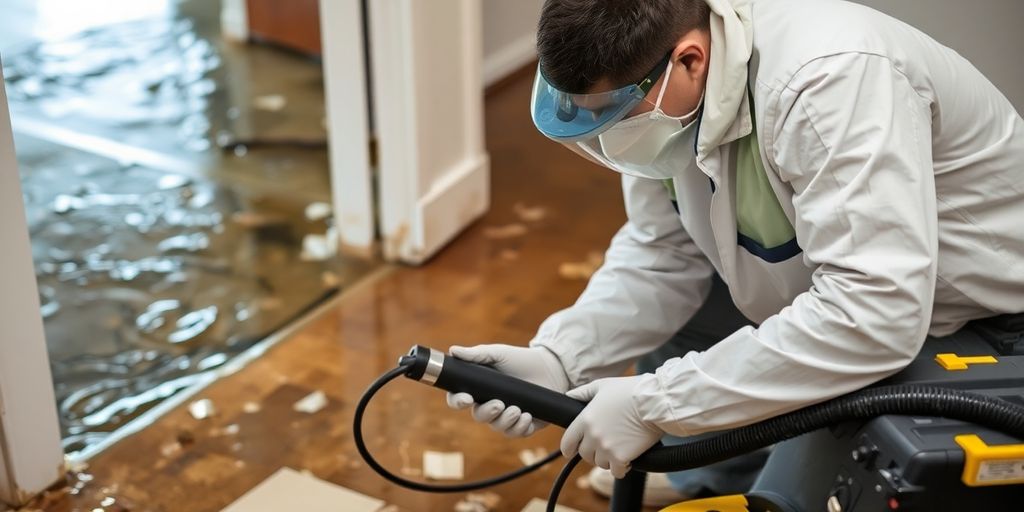 Certified technician assessing water damage in flooded area.
