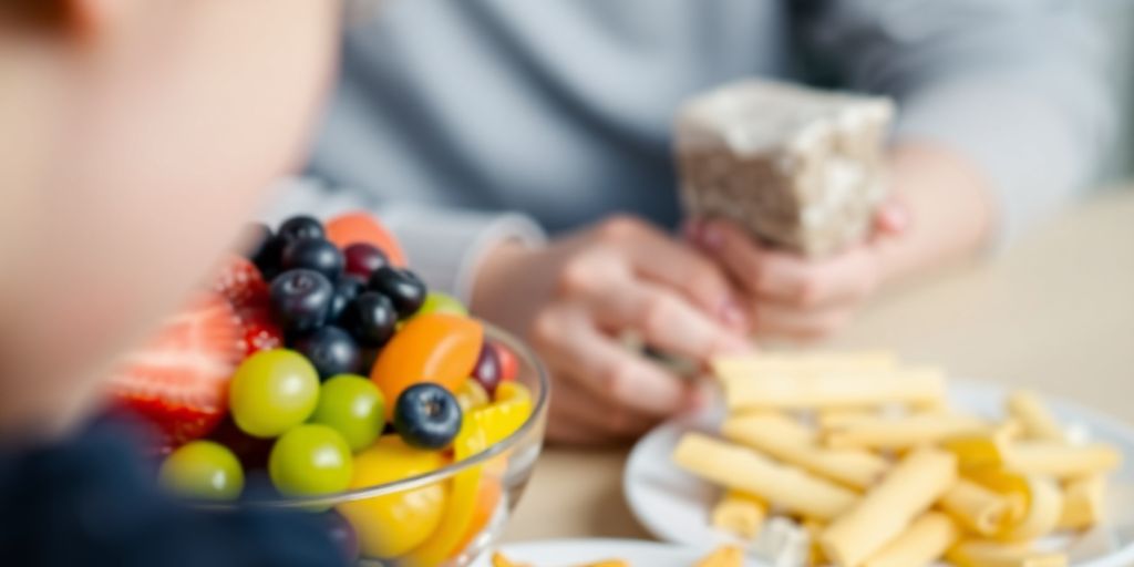 Person resisting a tempting dessert with healthy choices nearby.