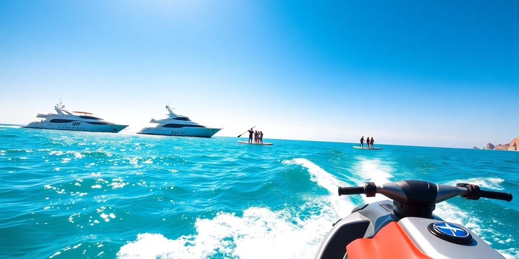 Tourists enjoying various water activities in sunny Cabo.