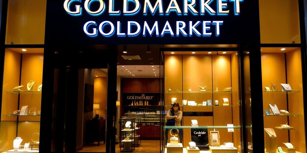 Vitrine de GOLDMARKET à Lyon avec bijoux en or et argent.