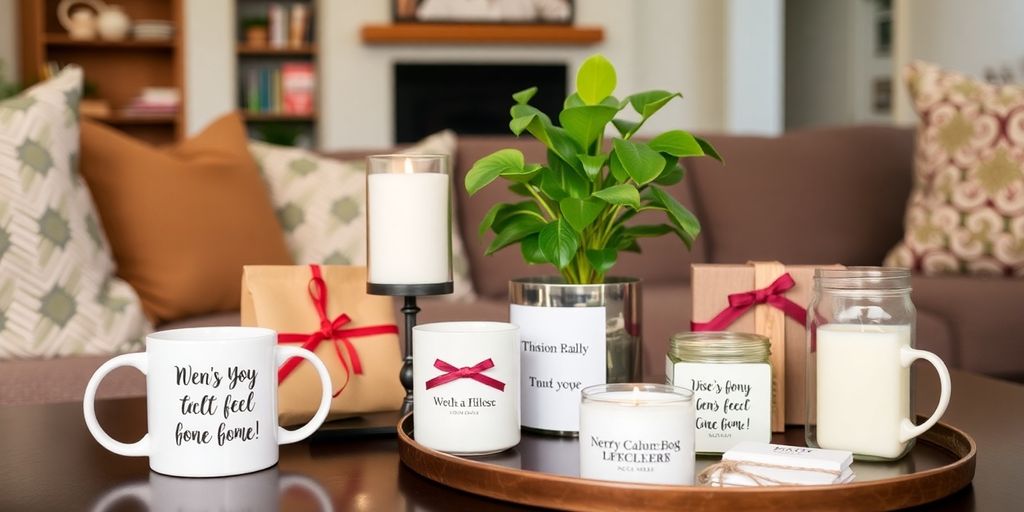 Cozy living room with personalized housewarming gifts.