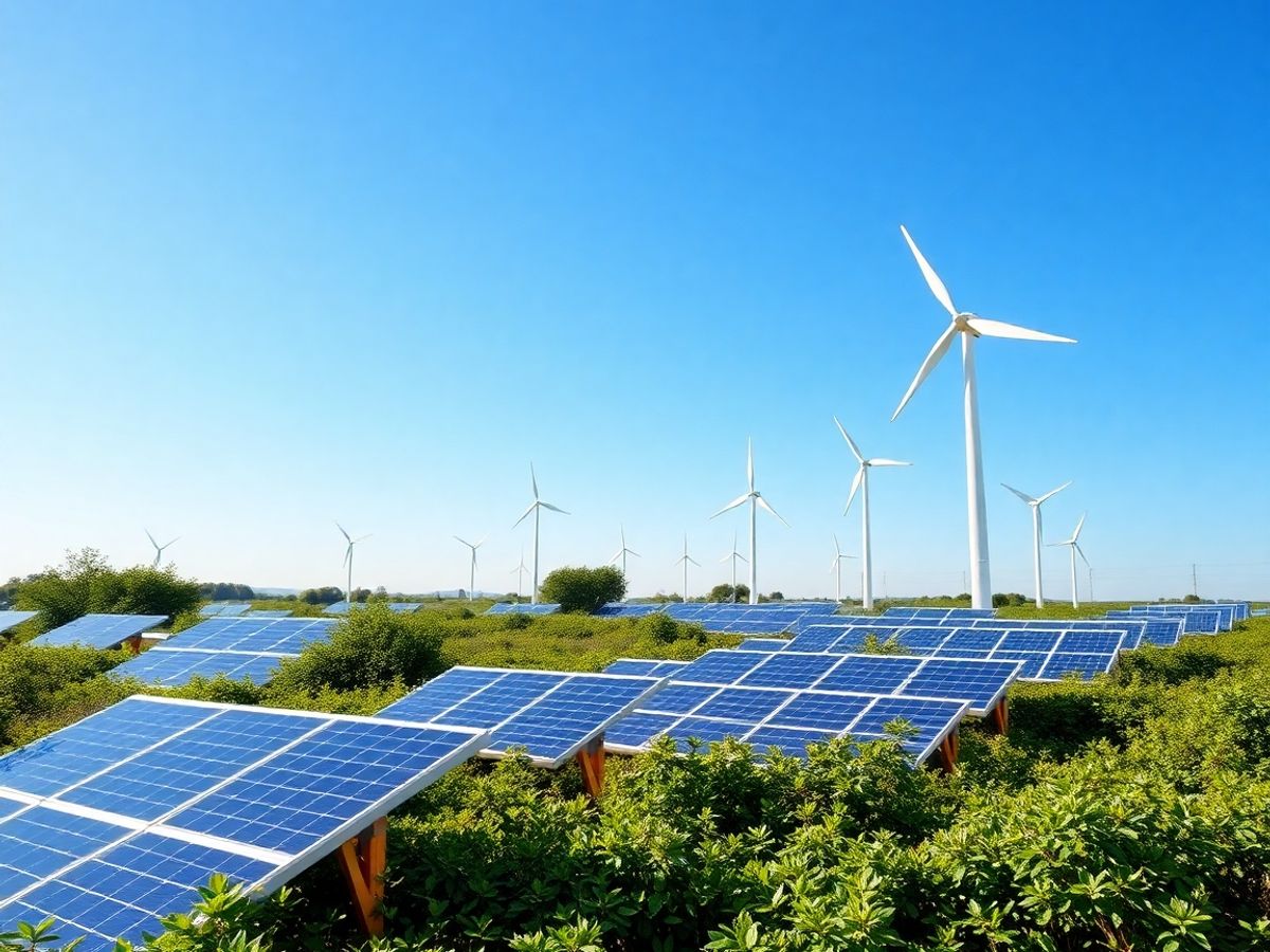 Peisaj vibrant cu panouri solare și turbine eoliene.