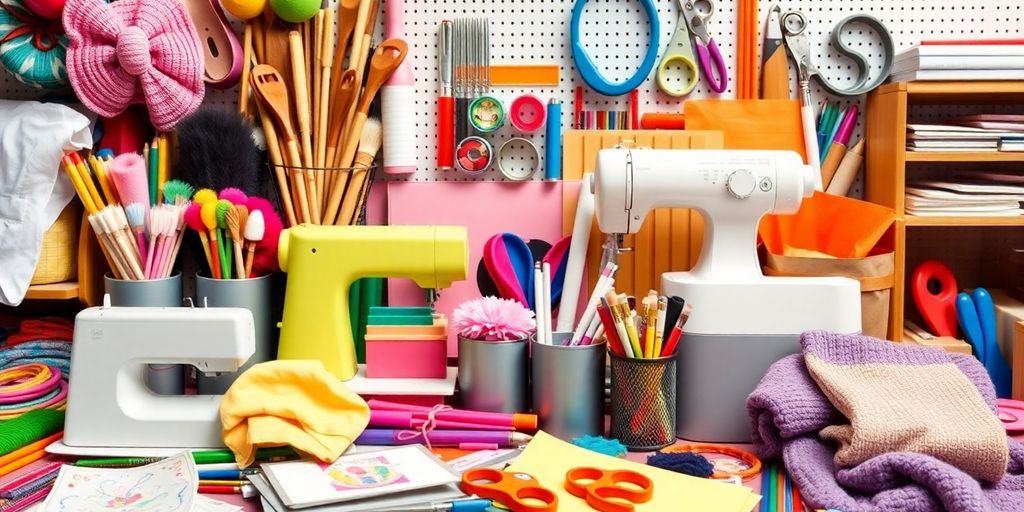 Colorful craft supplies and tools displayed for creativity.