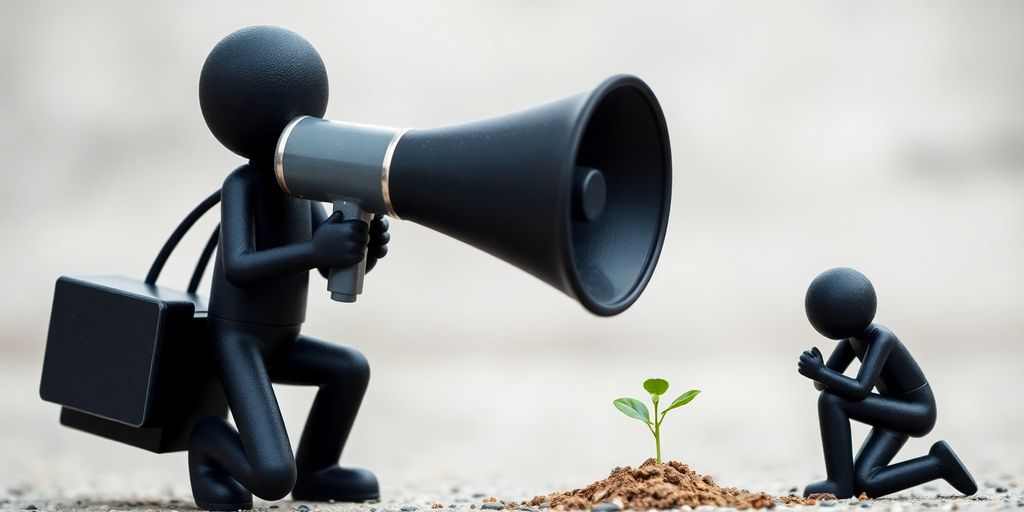 Two figures competing, one with megaphone, one with seed.