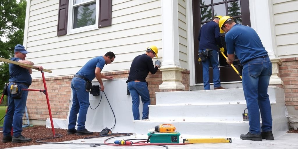 Workers waterproofing a house in Maryland.