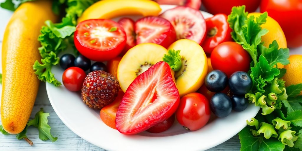 Assiette colorée de fruits et légumes frais.