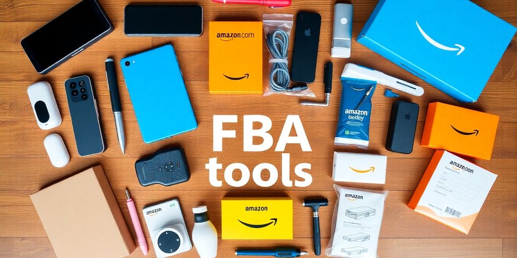 Collection of vibrant Amazon FBA tools on a table.