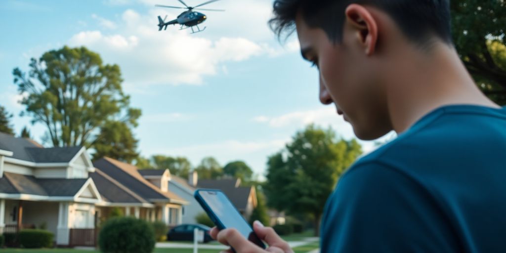A person on their phone with a helicopter overhead.
