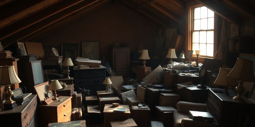 Grenier encombré avec des meubles anciens et des boîtes.