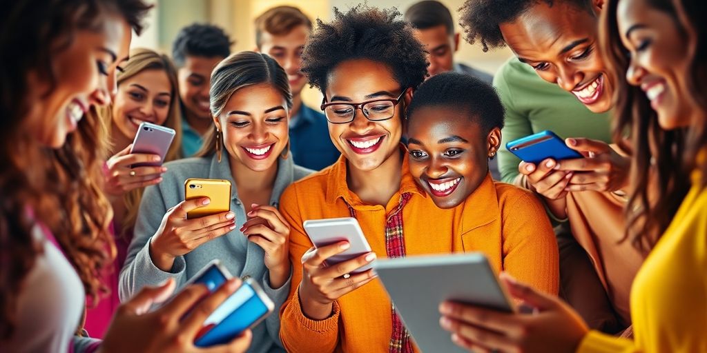 People connecting and sharing on social media devices.