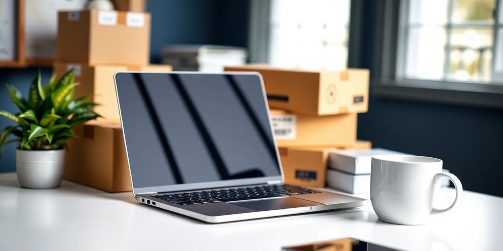 Workspace with laptop, shipping boxes, and coffee.