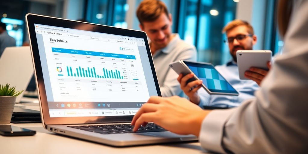 Billing software interface on a laptop and tablet.