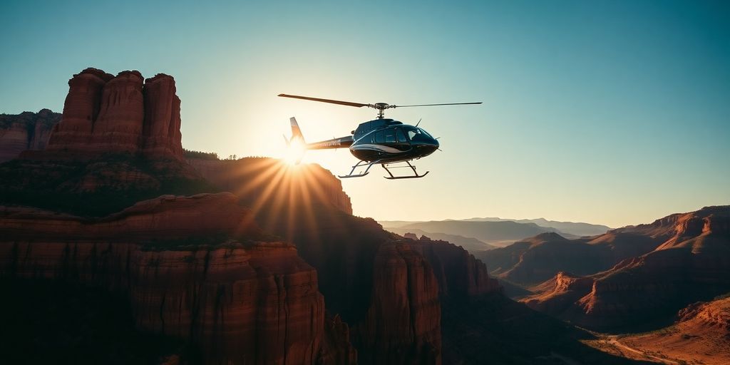A red helicopter flying over Sedona's red rock canyons.