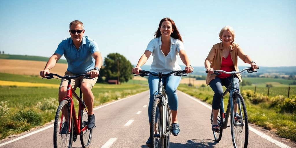 Three diverse cyclists riding together on sunlit country road landscape.