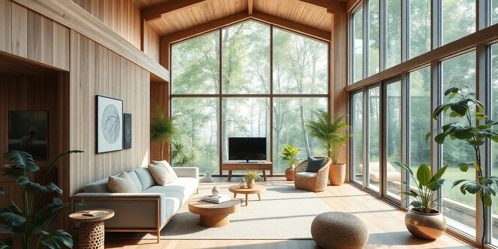 Nature-inspired interior design with wood and greenery.