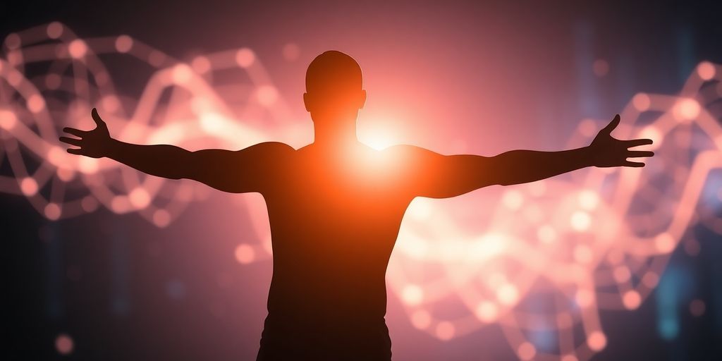 Glowing human figure against futuristic tech backdrop.
