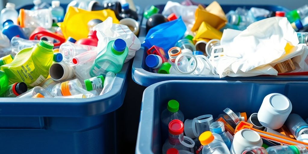 Recycling bins filled with sorted waste materials.