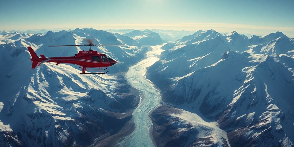 A red helicopter flying over vast, snowy Alaskan mountains.