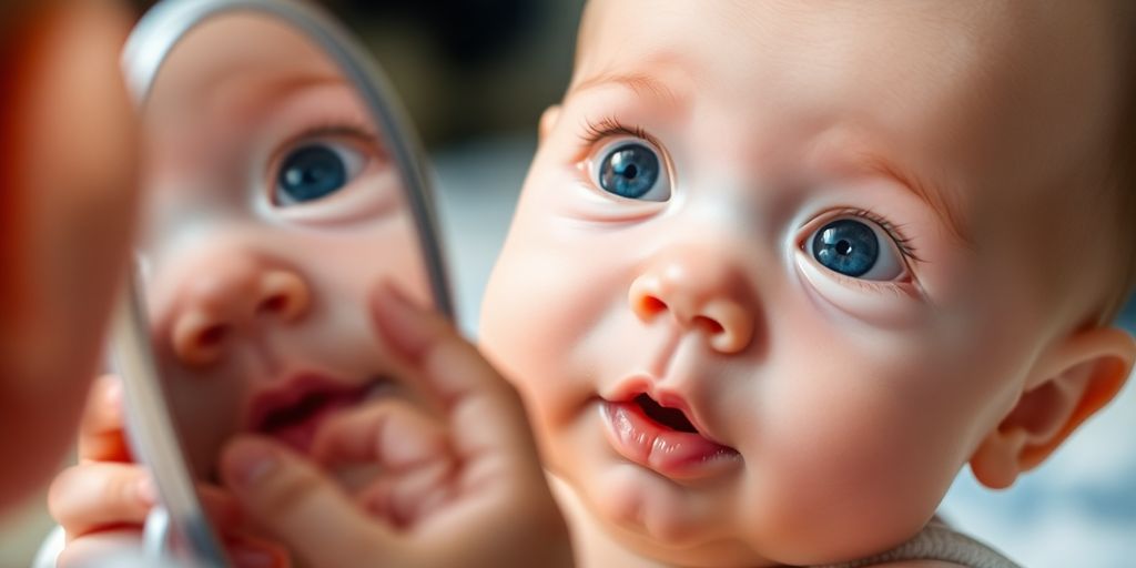 Baby gazing at reflection in a baby-safe mirror.