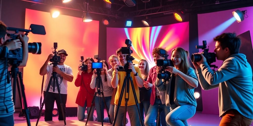 Group of creators filming in a colorful studio setting.