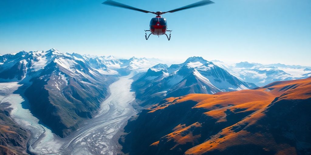 A red helicopter flies over vast Alaskan glaciers and mountains.