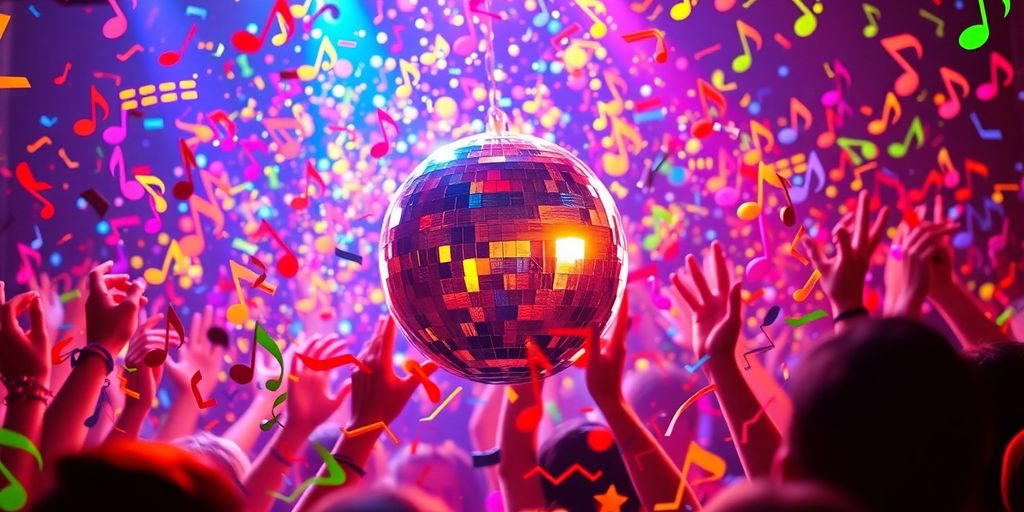 Festa de aniversário com notas musicais e globo de espelho.