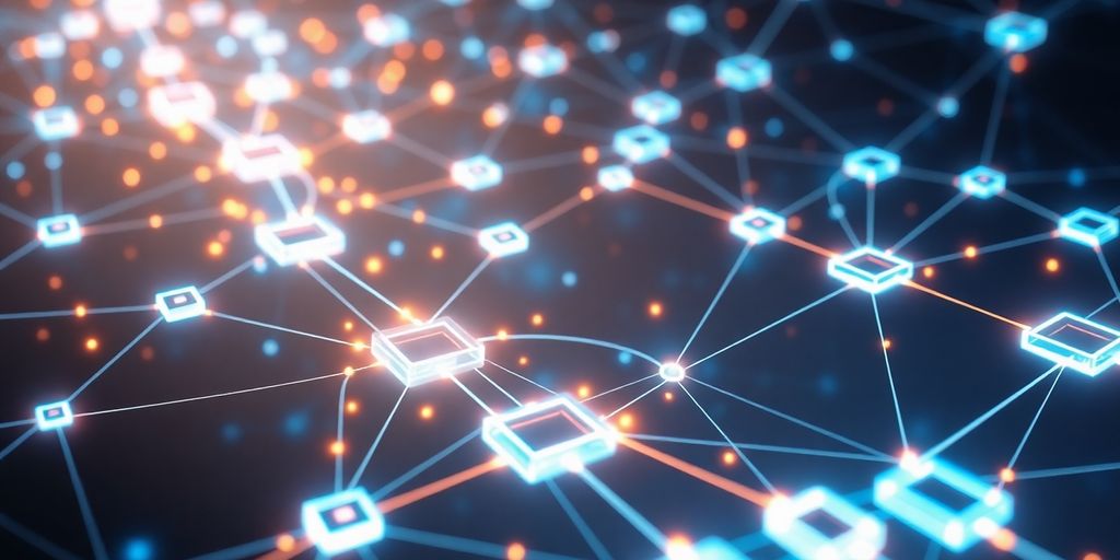 Futuristic digital network with interconnected blocks.