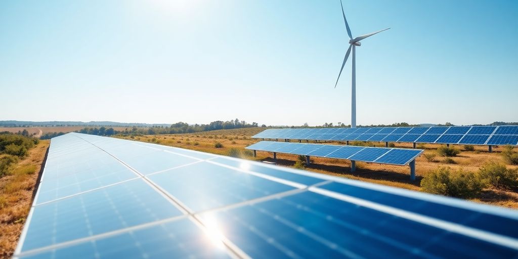 Panneaux solaires et éoliennes dans un paysage ensoleillé.
