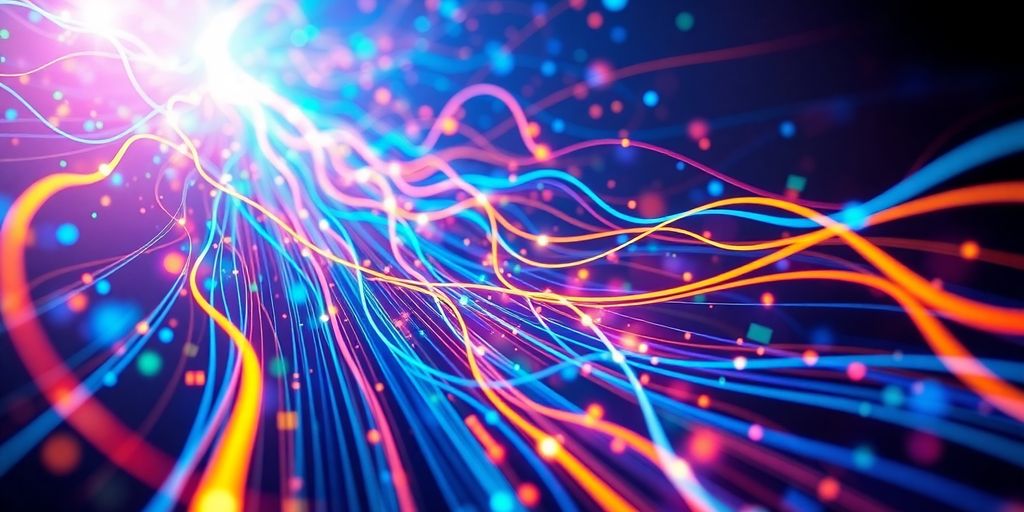 Digital streams converging with bright, energetic colors.