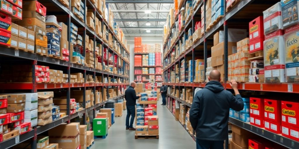 Organized warehouse with employees managing inventory efficiently.