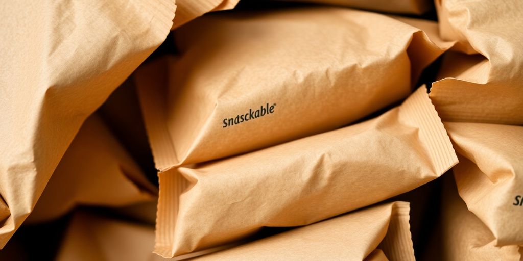Compostable snack packaging stacks on wooden surface.