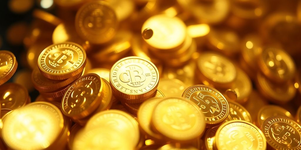 Golden coins spinning with a bright glow.