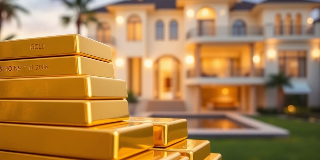 Des lingots d'or sur fond de propriété luxueuse.