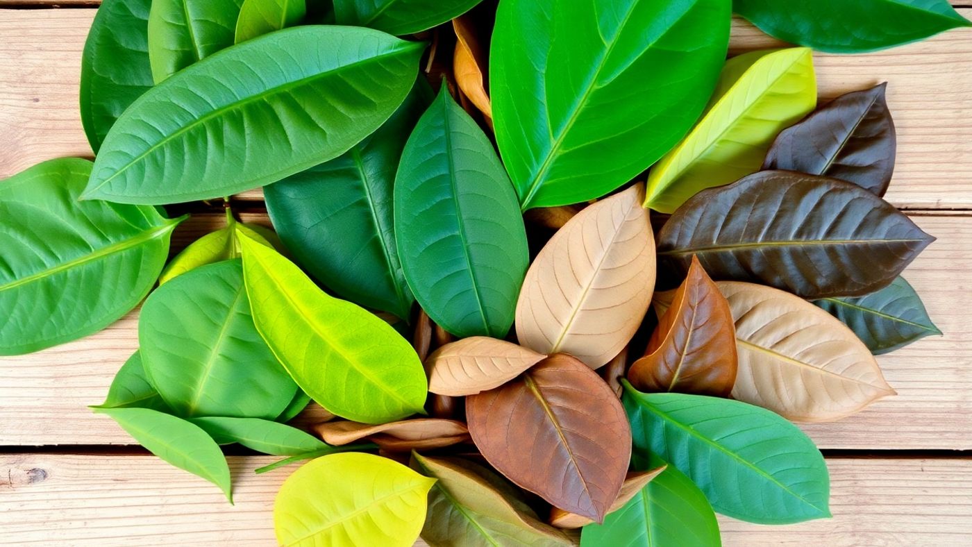 Different kratom leaves on a wooden surface.