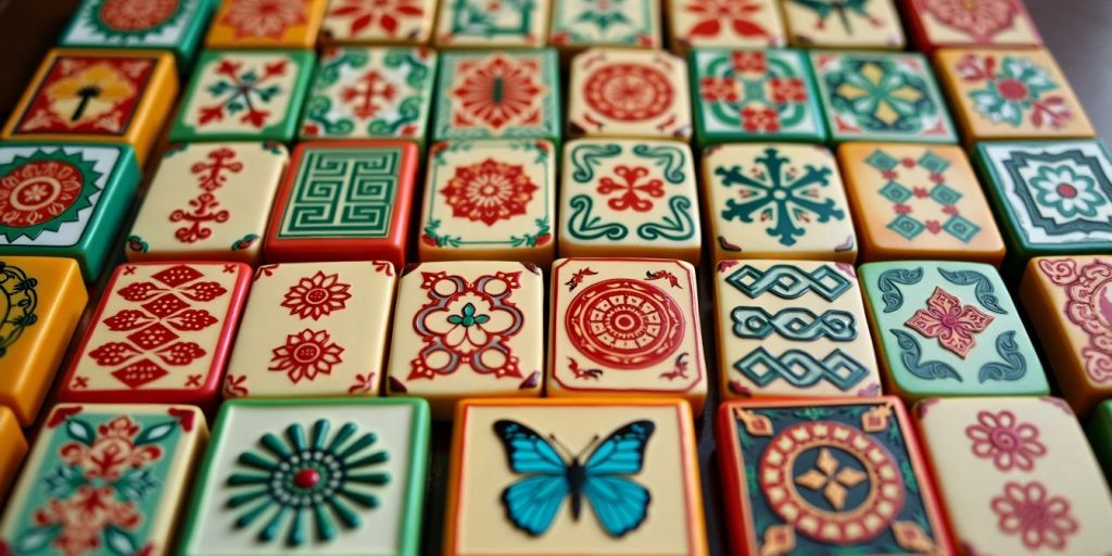 Colorful Mahjong tiles with intricate designs