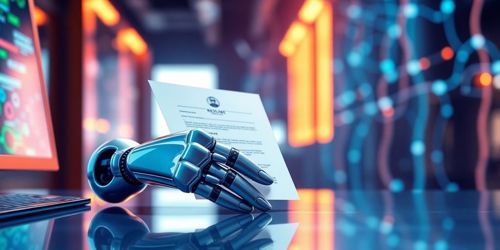 Robot hand placing resume on desk.