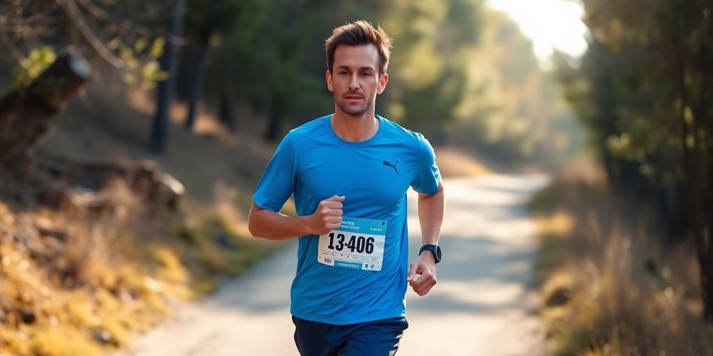Runner training on a scenic trail for a half marathon.