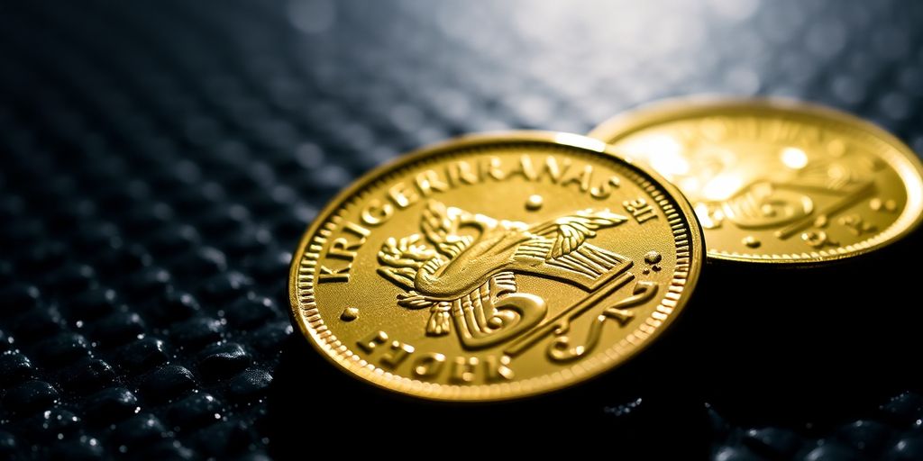 Une pièce Krugerrand dorée posée sur une surface.
