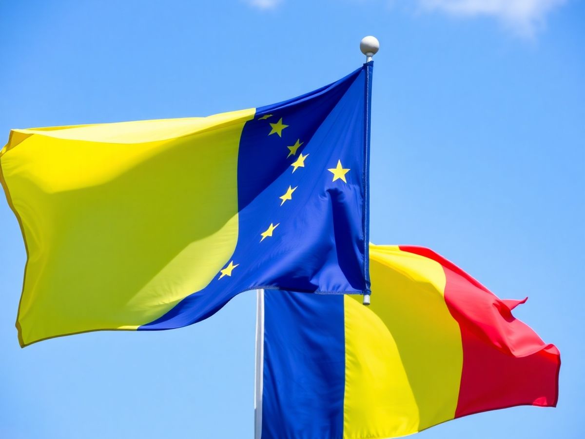 Steaguri UE și România fluturând împreună în vânt.
