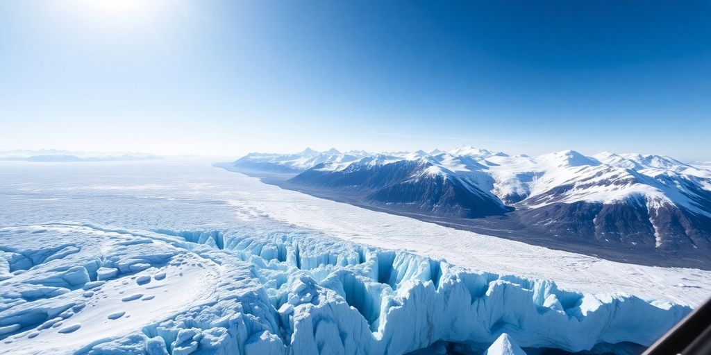 A helicopter flies over a vast Alaskan glacier and mountains.