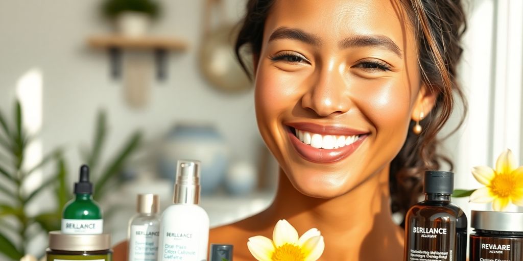 Smiling woman with healthy skin and skincare products.