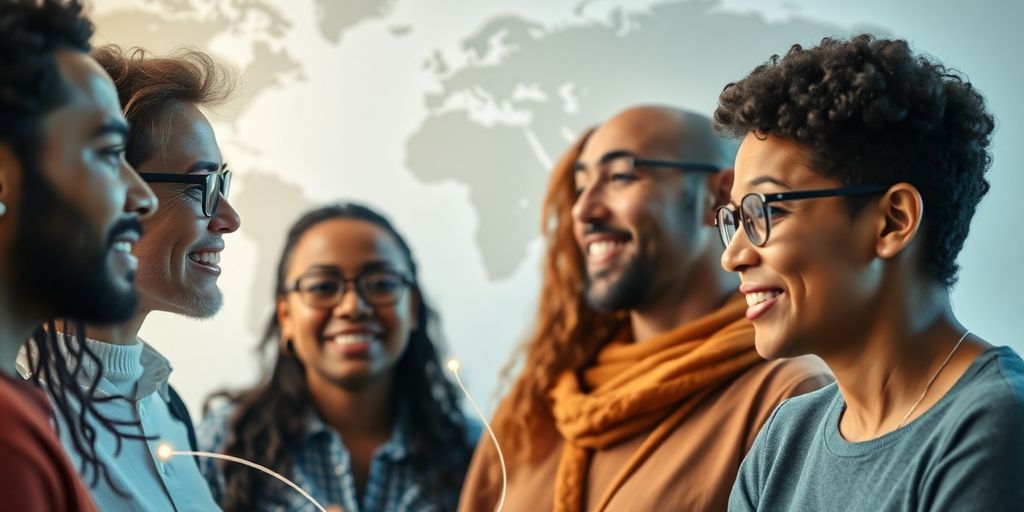 Diverse people connecting, glowing lines, global communication.