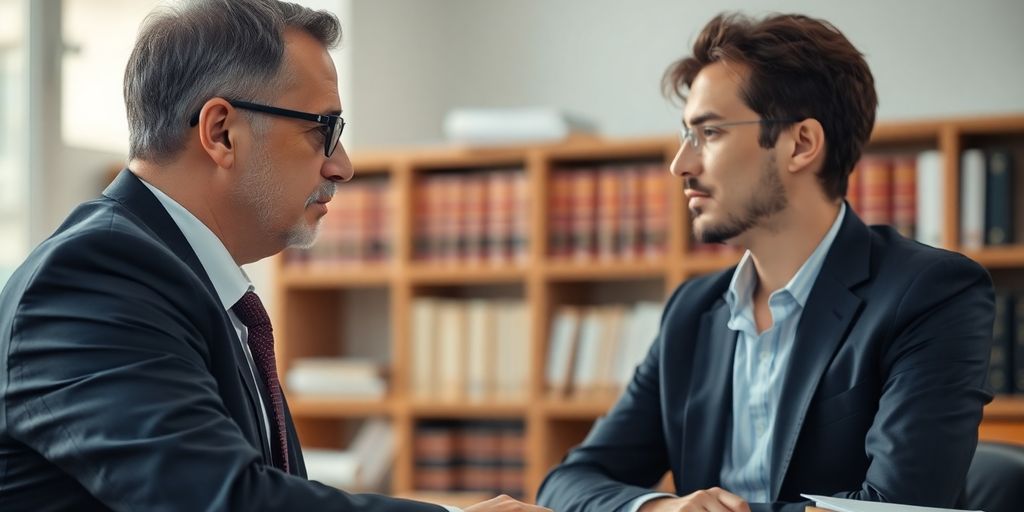 Lawyer discussing case with client in office setting.