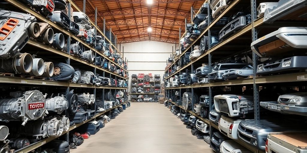 Used Hilux parts stacked in a warehouse.