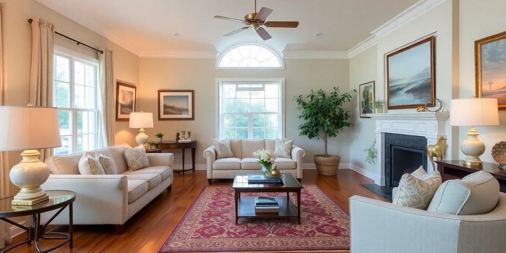 Restored living room with elegant furniture and warm lighting.