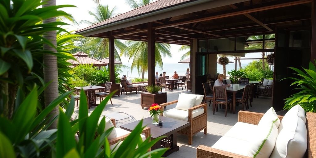 Beachfront property in Kata with lush greenery and ocean views.