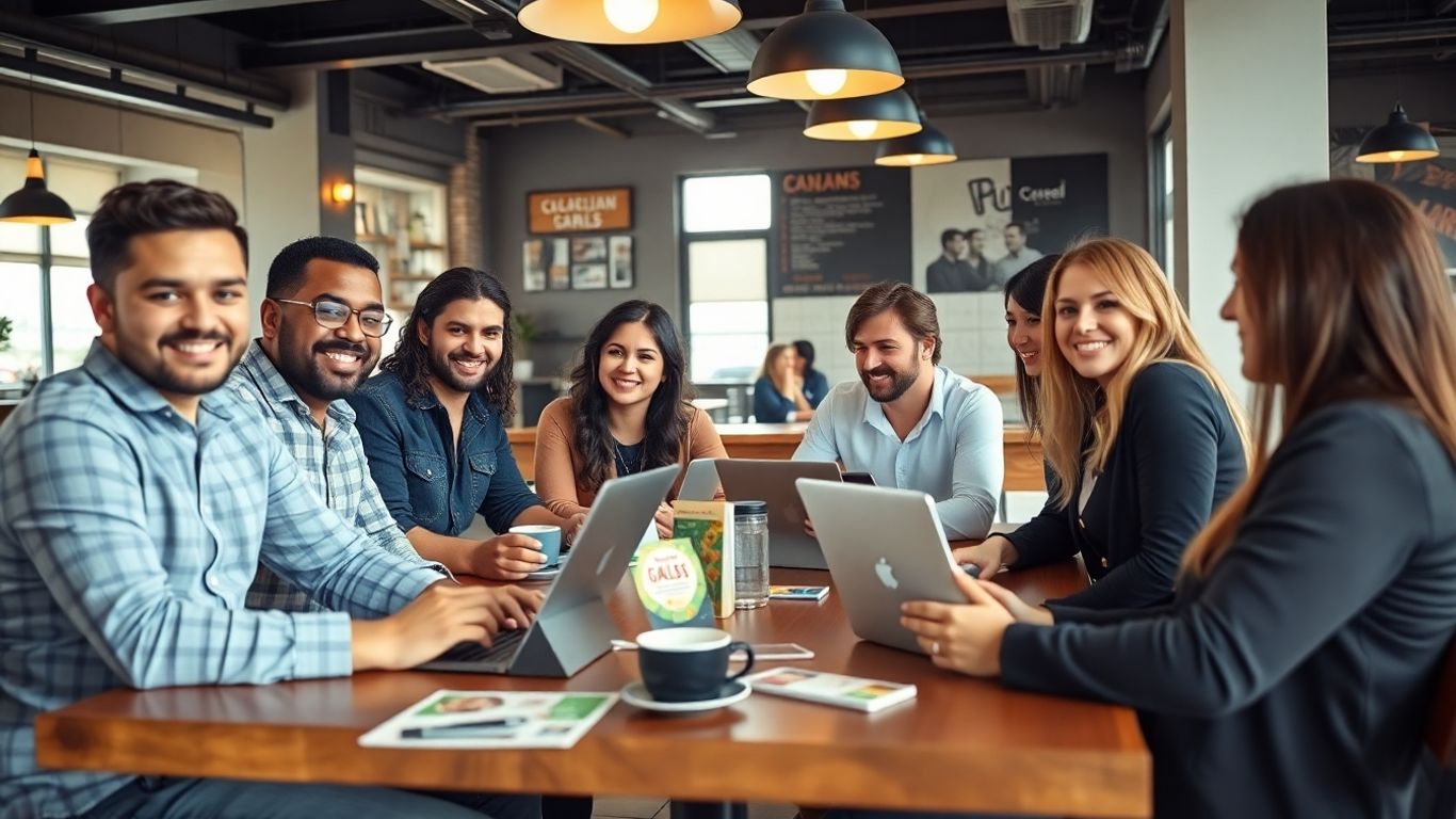 Dueños de negocios pequeños colaborando en una cafetería canadiense.