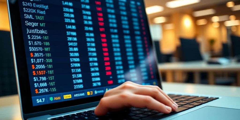 Laptop screen with financial data.