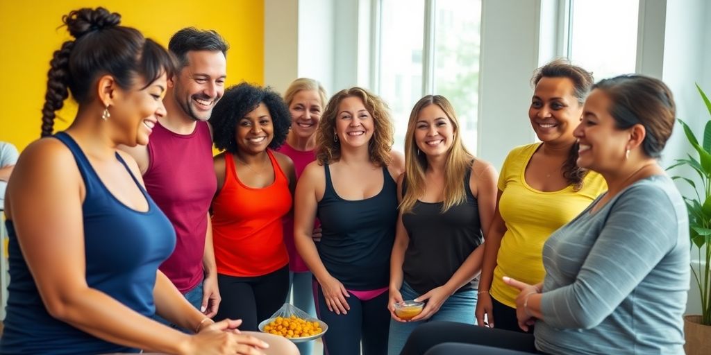 Group of people smiling in a weight loss mentoring session.