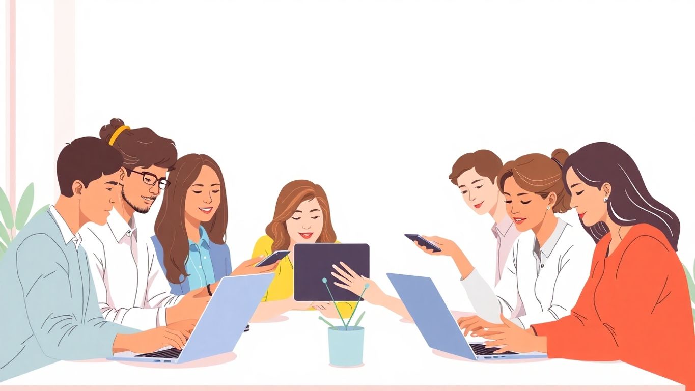 Moderne illustrasjon av folk som jobber med teknologi.